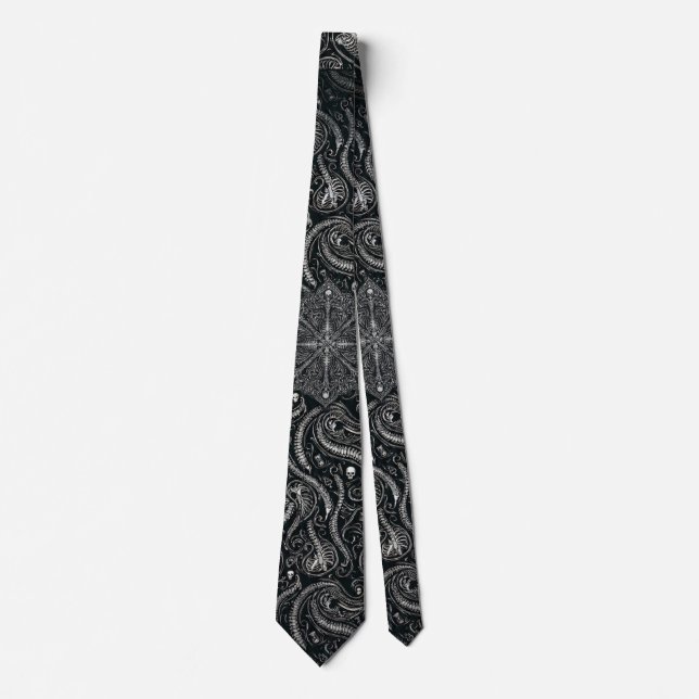 Hidden Skull & Spine Paisley | Silver Black Gothic Neck Tie (Front)