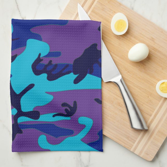 Hide Me Dark Blue and Purple Camouflage Pattern Kitchen Towel (Quarter Fold)
