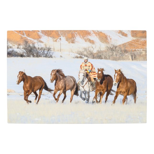 Hideout Horse Ranch, Wrangler and Horses Metal Print (Front)