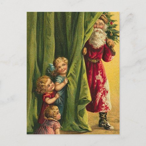 Hiding From Santa Red Coat Children Tree Holiday Postcard
