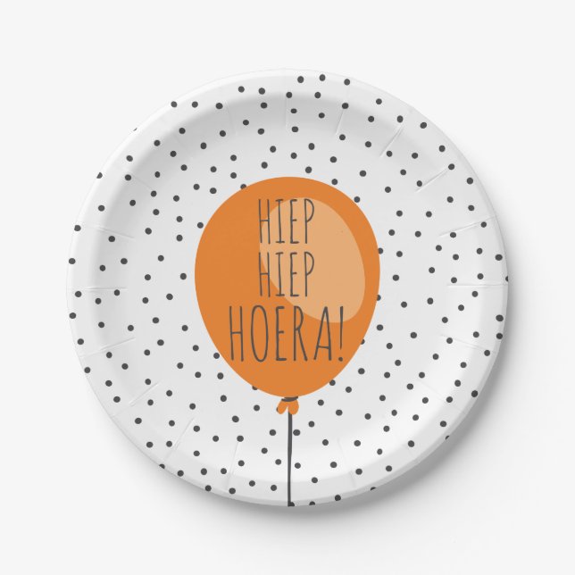 Hiep Hiep Hoera Orange Balloon Dutch Birthday Paper Plates (Front)