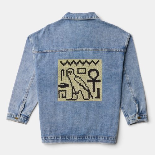 Hieroglyphs Symbols Owl Ankh Artisan Crochet Print Denim Jacket