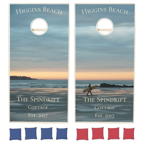 Higgins Beach Dawn Surf Cottage Family Name Date Cornhole Set