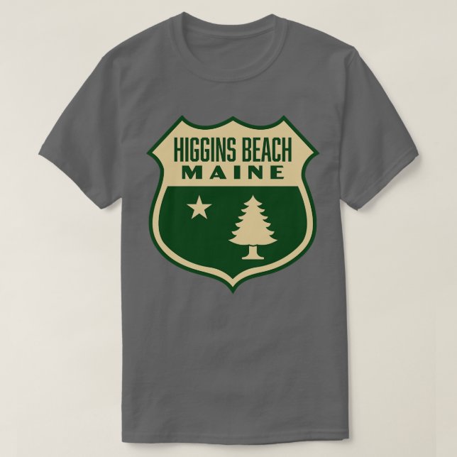 Higgins Beach Maine Retro Pine Tree Shield Tan T-Shirt (Design Front)