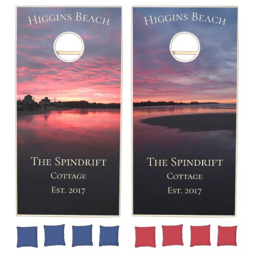 Higgins Beach Sunrise Cottage Family Name Date Cornhole Set