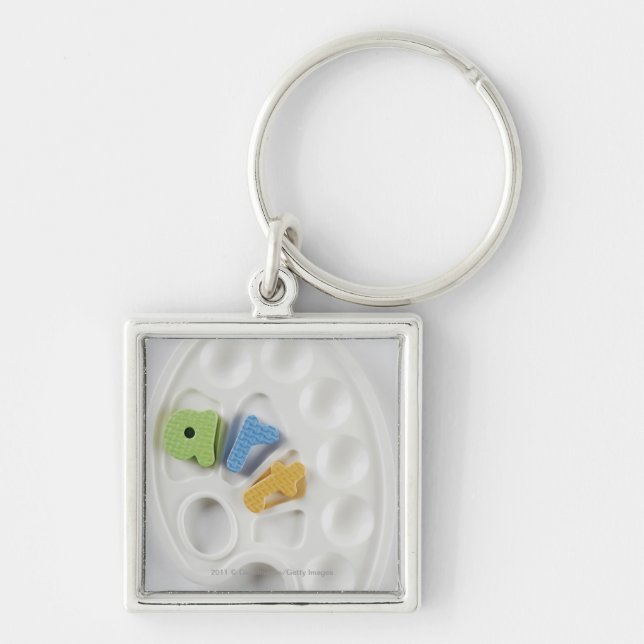 High angle view of alphabets on a palette keychain (Front)