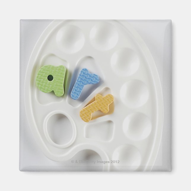 High angle view of alphabets on a palette magnet (Front)