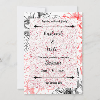 High-Contrast Red Speckle & Black Line Art Floral Invitation