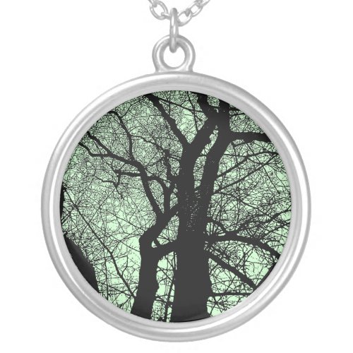 High Contrast Tree _ Pale Green Silver Plated Necklace