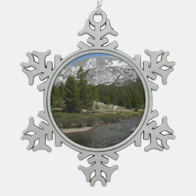 High Country Mountain Stream II at Yosemite Snowflake Pewter Christmas Ornament (Front)