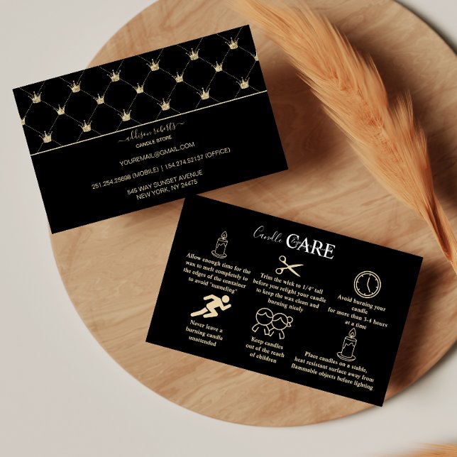 High End Black Gold Pattern Crown  Candle Care Business Card (Creator Uploaded)