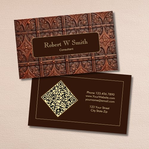 High End Faux Brown Tooled Leather QR Code Business Card