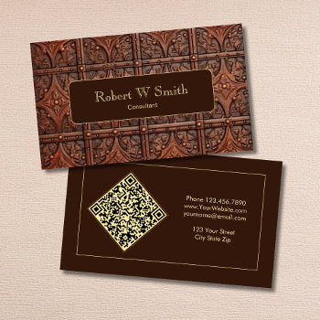 High End Faux Brown Tooled Leather Qr Code Business Card by ConnieSueDesigns at Zazzle