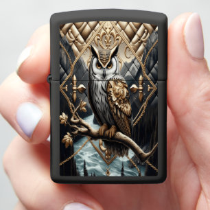 High-End Owl Leather Mountain Ocean Art Zippo Lighter