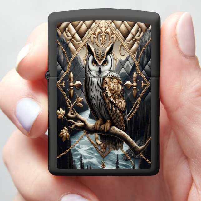 High-End Owl Leather Mountain Ocean Art Zippo Lighter (In Hand)
