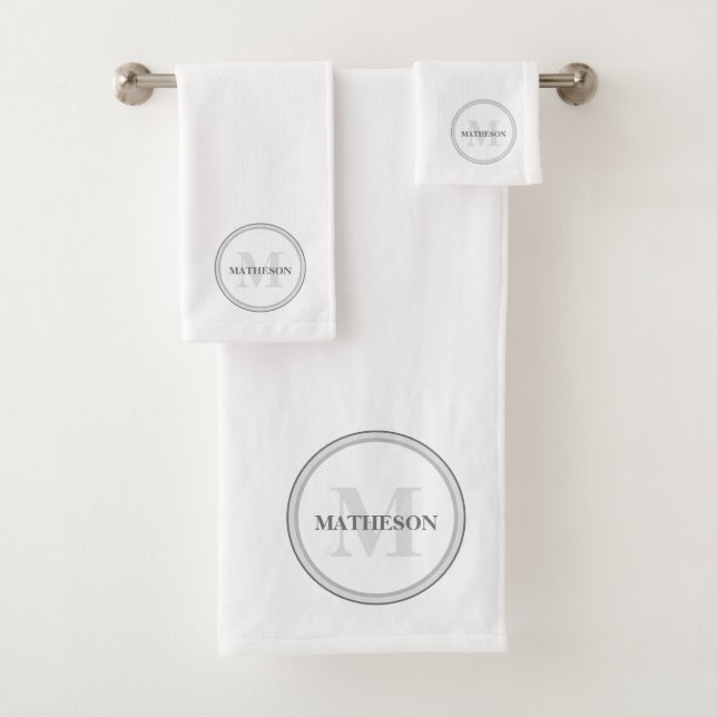 High end personalized grey white monogrammed bath towel set (Insitu)