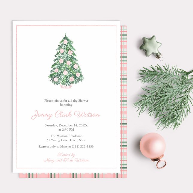 High End Pink Green Christmas Baby Shower For Girl Foil Invitation (Refined Rose Gold And Pink Chinoiserie Holidays Tree Baby Shower For Girl Invitation)