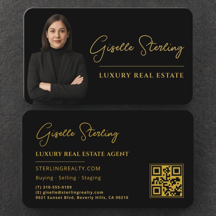 High End Real Estate Black Gold QR Code Business Card