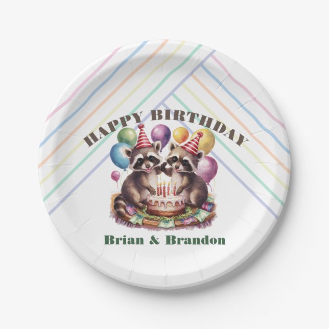 high five birthday party twins mapache baby racoon paper plates (Front)