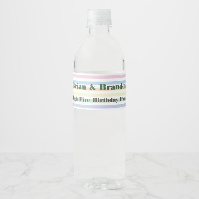 high five birthday party twins mapache stripes  water bottle label (Front)
