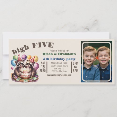 high five birthday party twins mapache theme photo invitation