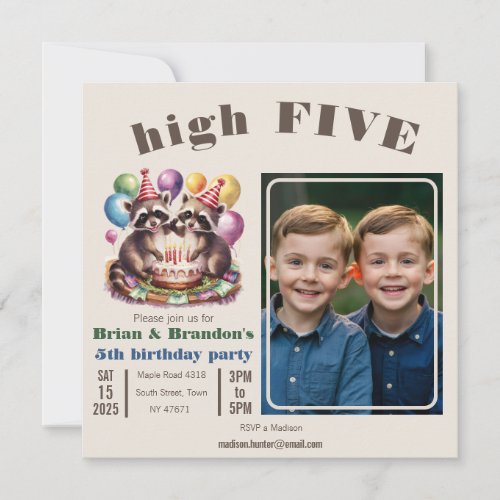 high five birthday party twins mapache theme photo invitation