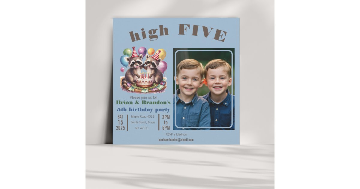 high five birthday party twins mapache theme photo invitation | Zazzle