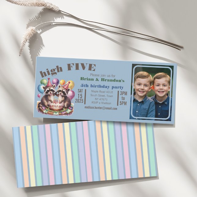 high five birthday party twins mapache theme photo invitation (Creator Uploaded)