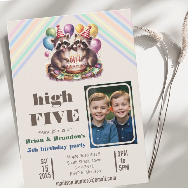 high five birthday party twins mapache theme photo invitation (Creator Uploaded)