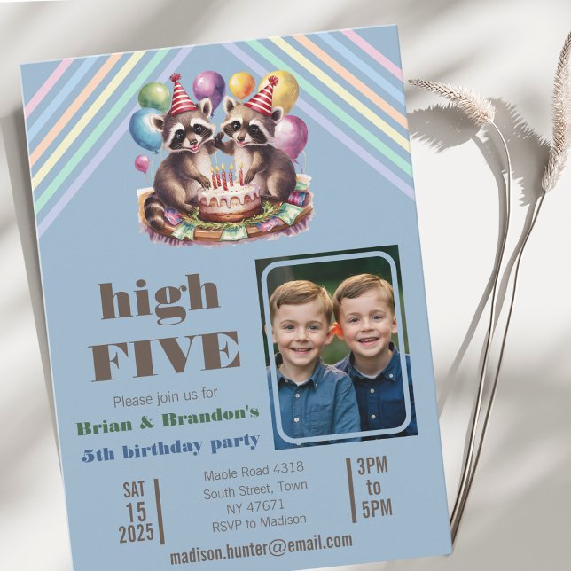 high five blue birthday party twins mapache photo invitation (Creator Uploaded)