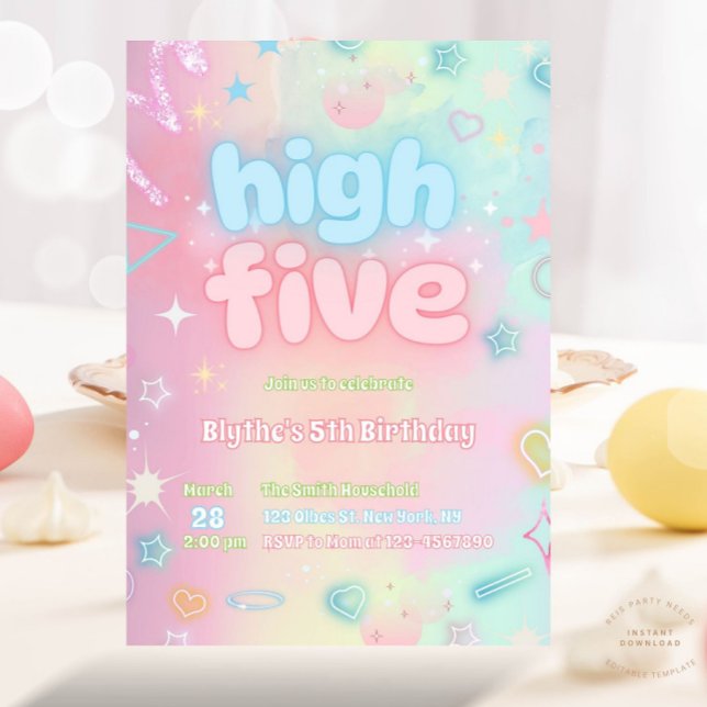 High Five Pastel Neon Glow 5th Birthday Party Invitation (Creator Uploaded)