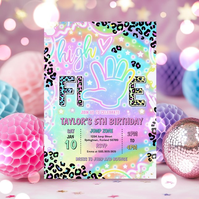 High Five Rainbow Leopard Print 5th Birthday Party Invitation (Creator Uploaded)