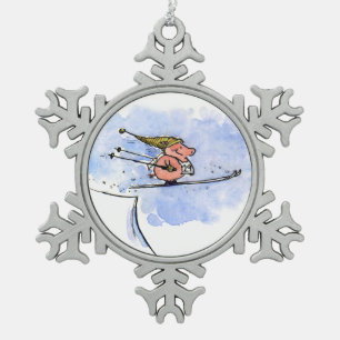 High Flying Ski Jump Pig   Whimsical Animal Art Snowflake Pewter Christmas Ornament
