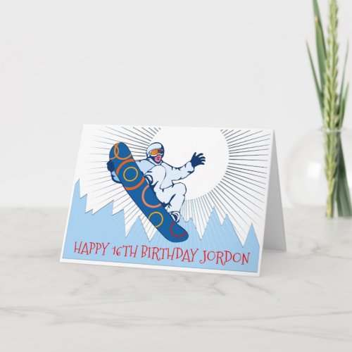 High flying snowboarder birthday card