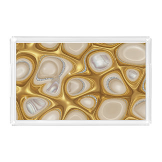 High-Gloss Luxe Serving Tray: Elegant Gold & Pearl Acrylic Tray
