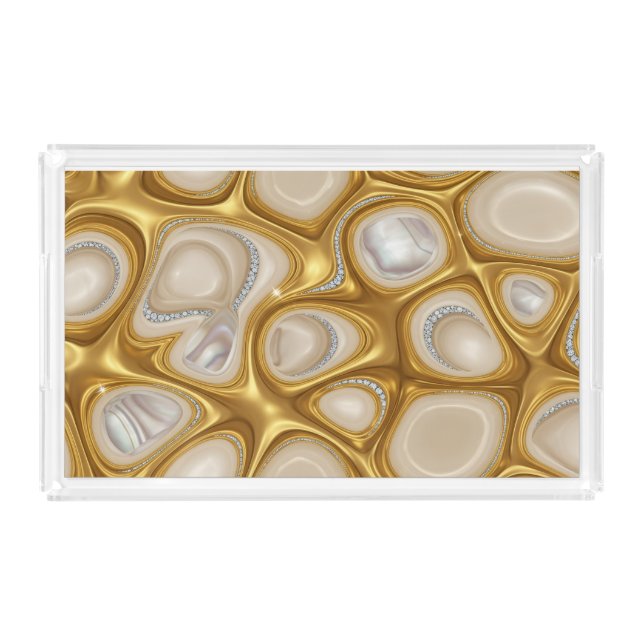 High-Gloss Luxe Serving Tray: Elegant Gold & Pearl Acrylic Tray (Front)
