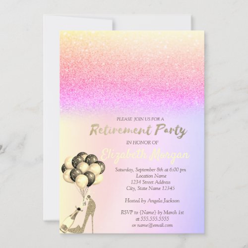 High Heel Balloons Ombre Glitter Retirement Party Invitation