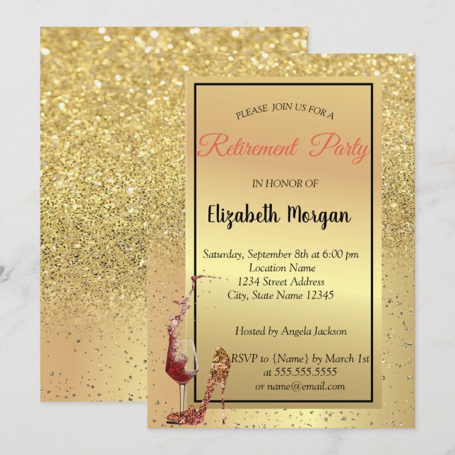 High Heel,Glass,Red, Gold Glitter Retirement Party Invitation (Front/Back)