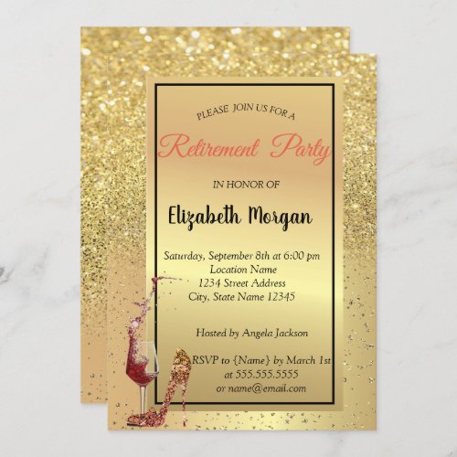 High HeelGlassRed Gold Glitter Retirement Party Invitation