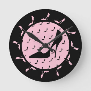 High Heel Pink And Black Round Clock