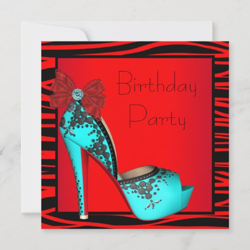 High Heel Red Teal Blue Zebra Birthday Party Invitation