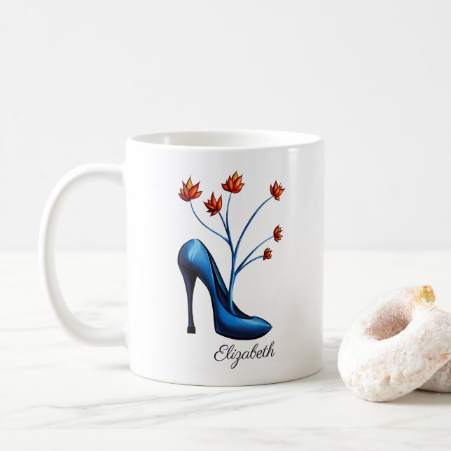 High Heel Shoe And Flower Bouquet Art Name Coffee Mug (With Donut)