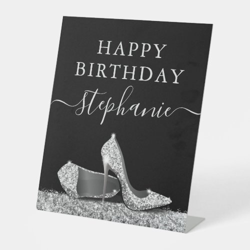 High Heel Shoe Black and Silver Glitter Birthday Pedestal Sign