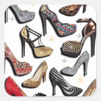 High Heel Shoe Collage Sparkle Fashion Pumps Square Sticker by Lorriscustomart at Zazzle