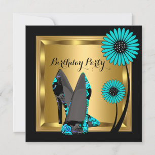 High Heel Shoe Floral Teal Black Birthday Party Invitation