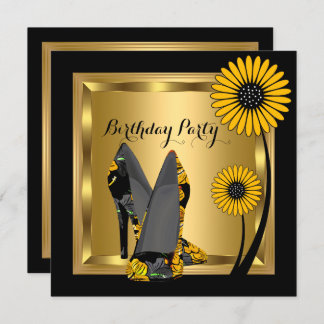 High Heel Shoe Floral Yellow Black Birthday Party Invitation