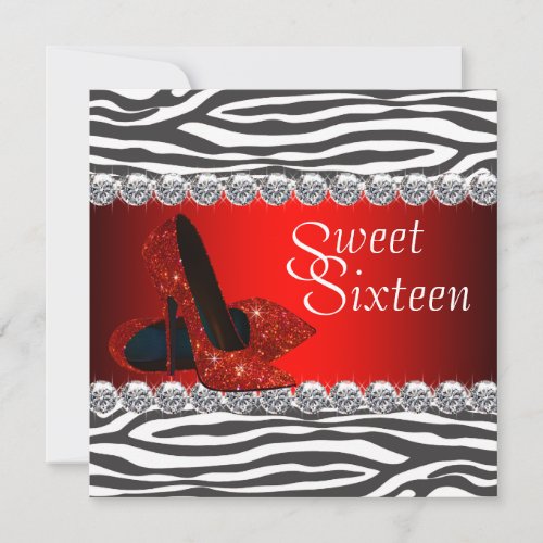 High Heel Shoe Red Zebra Sweet 16 Party Invitation