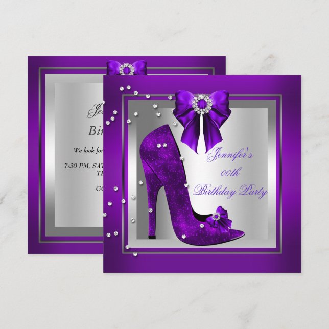 High Heel Shoe Silver Purple Birthday Party Invitation (Front/Back)