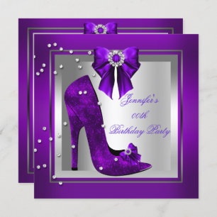 High Heel Shoe Silver Purple Birthday Party Invitation