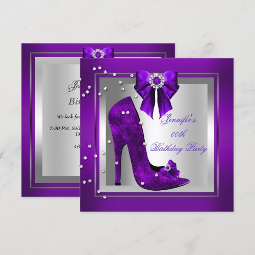 High Heel Shoe Silver Purple Birthday Party Announcements